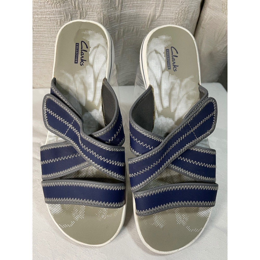 Clarks Collection Women's Slide Sandals Navy Gray Adjustable Straps Comfort